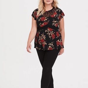 Black & Red Floral Studio Knit Lace Peplum Top